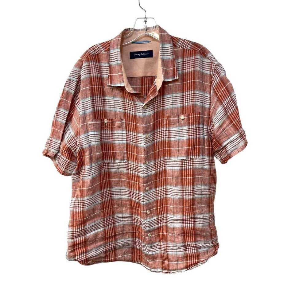 Tommy Bahama Linen Plaid Button Up Shirt Short Sleeve Men’s Size XL